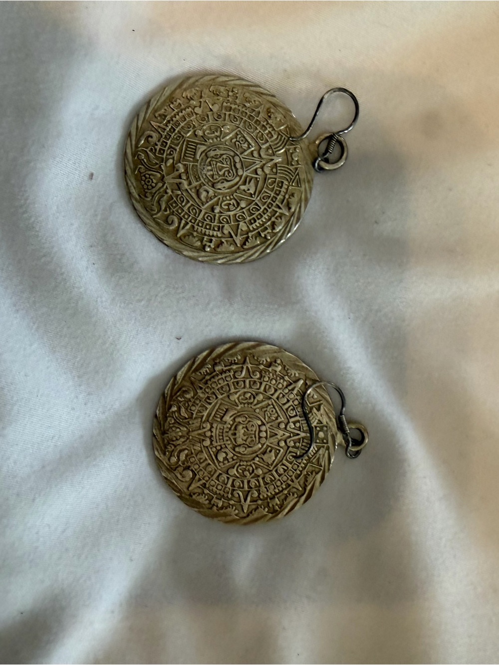 Antique-Inspired Aztec Calendar Drop Earrings in Brass Tone